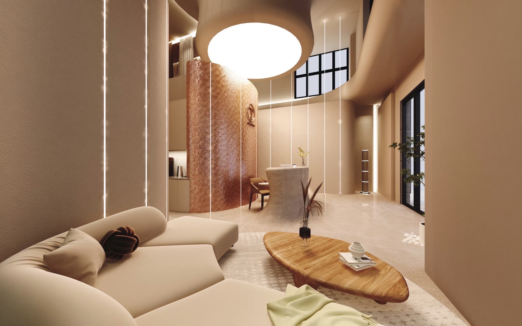 Time Beauty 台中店門市空間，挑高環形天花板與木質茶几